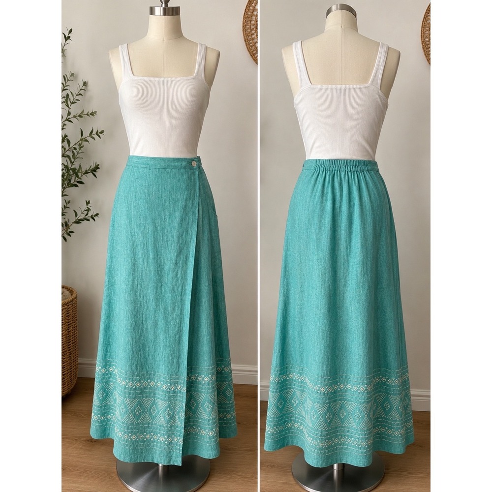 Stonebridge Teal Linen Blend Embroidered Faux Wrap Maxi Skirt Womens Large